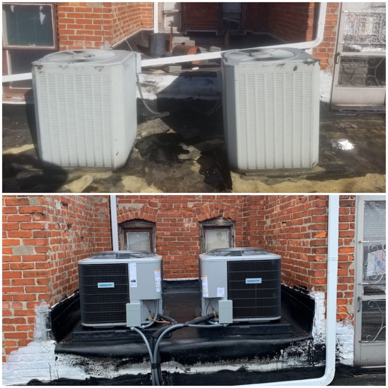 Two side-by-side photos show older air conditioning units on a rooftop (top) and new units installed in the same place (bottom).